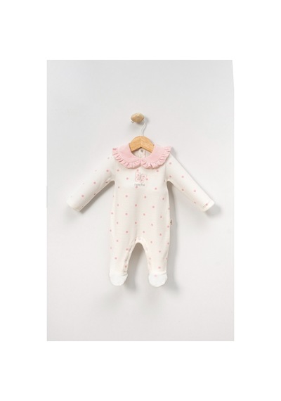 Bellamio Kids Kelebek Nakışlı Puantiyeli Kız Bebek Kadife Tulum Beyaz