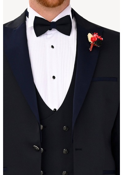 Ysf Erkek Lacivert Slim Fit Yelekli Çıkma Şal Yaka Damatlık