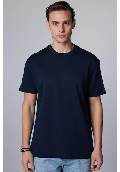 Tudors Unisex Relax Fit Rahat Kesim %100 Pamuk Yumuşak Dokulu Basic Bisiklet Yaka Lacivert Tişört-30849-lacivert Lacivert