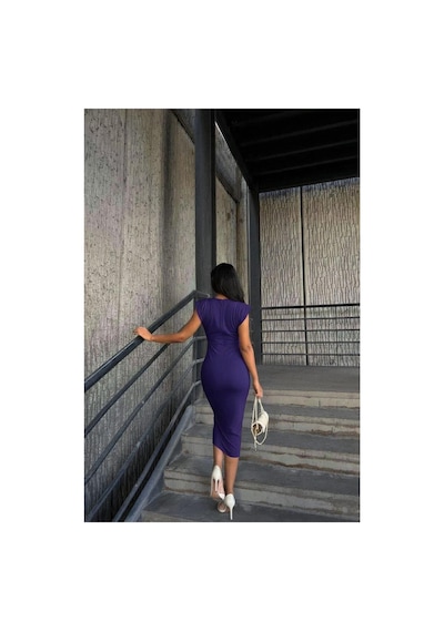DefyModa Kadın Sade Krep Kumaş Dik Yaka Midi Abiye Elbise Mor