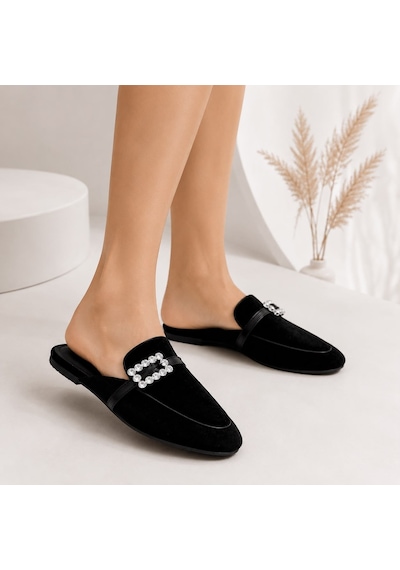 Dabab Shoes Marıgold Kadın Taşlı Tokalı Siyah Kadife Görünümlü Kapalı Burun Düz Taban Mule Terlik