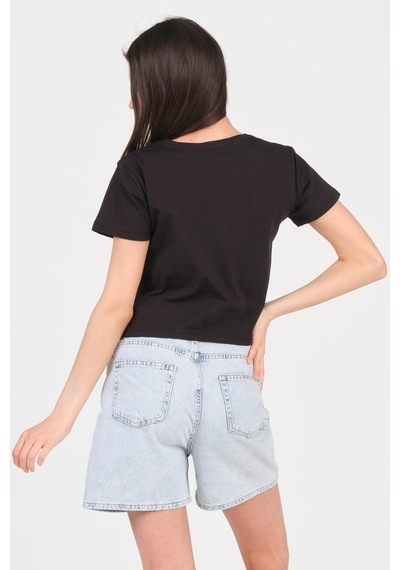 As Collection Siyah Bisiklet Yaka Kısa Kol Örme Kadın Crop 001
