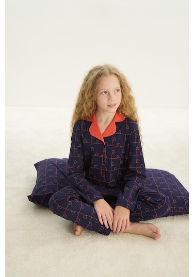 Sevim Kız Çocuk Uzun Kol Gömlek Yaka Önden Düğmeli Lacivert Pijama Takım C0t1n7o8 001