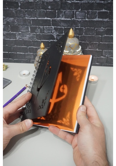 A5 Notebook Elif Vav Siyah Ahşap Kapaklı Defter - Ajanda - Günlük - Dini Çizgisiz Defter - Hediyelik