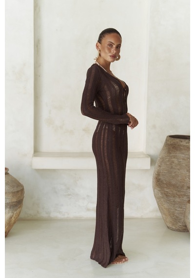 Mai Collection Mai Studios Co. Anandra Boncuk Detay Kahve Triko Uzun Elbise Kahve