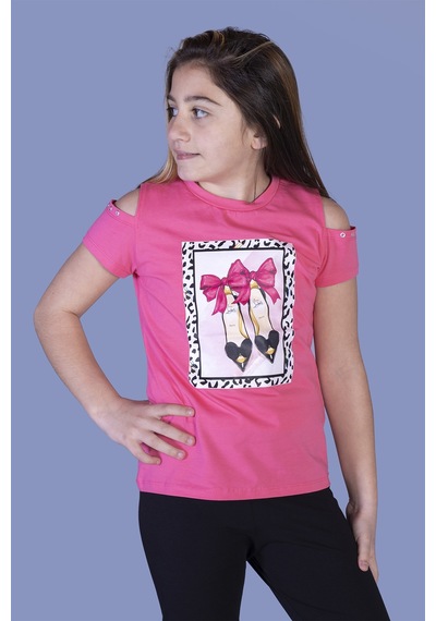 Toontoy Kids Kız Çocuk Baskılı Bisiklet Yaka Kısa Kollu Tişört - Omuzları Açık Fuşya