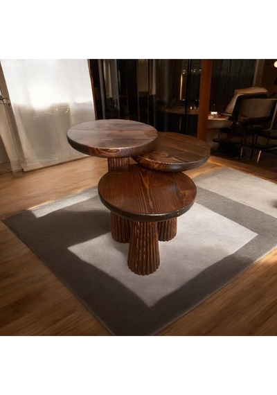 Simillo Wood Wooden Ahşap 3 Lü Set Fitilli Mantar Yan Sehpa Modern Kestane Renk Fiskos Kestane