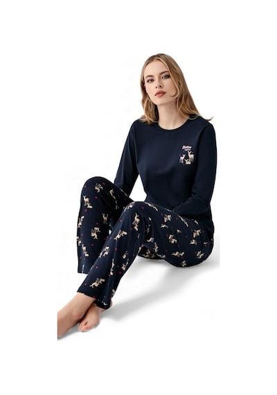Arnetta %100 Pamuk Geyik Desen Bayan Pijama Takım Lacivert