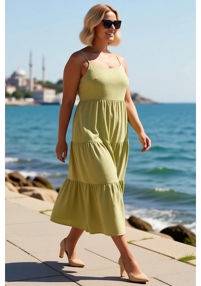 Benerly Kadın Büyük Beden A-line Midi Elbise İnce Askılı Kare Yaka Terryc Yeşil