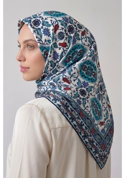 İpekçe Eşarp İp Rayon 100 100 Desenli - Mavi Mavi - Çok Renkli
