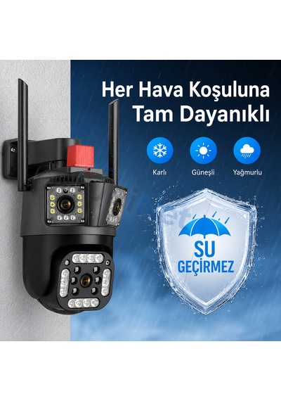Uninet 9mp Çift Lensli Wifi Ptz Güvenlik Kamerası 3 Ekran Görüntü, 50 Metre Gece Görüşü Ve Polis Çakarı