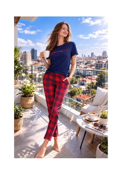 Rindahomewear Kısa Kol Pijama Takımı Kadın Milan Kalpli You+me Desen Lacivert