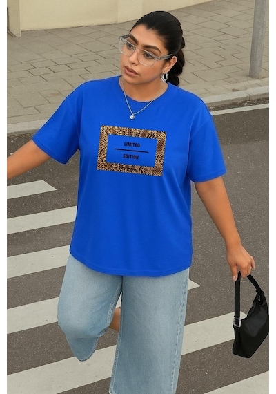 Büyük Beden Lımıted Edıtıon Baskılı Unisex Tişört Saks Mavisi