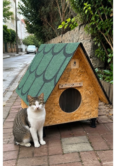 Reyo Narım Bungalov Kedi Evi, Kedi Barınağı Isı Ve Suya Dayanıklı Çatı 45x60x70 Cm