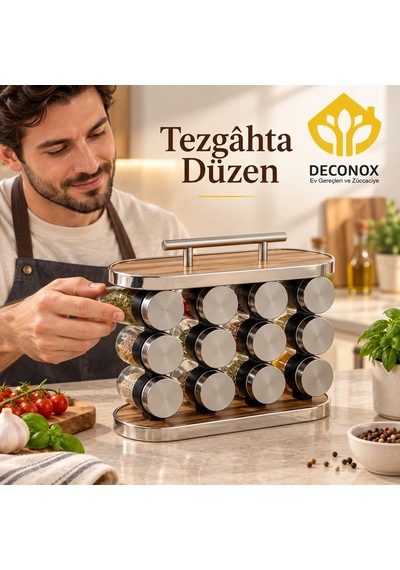 Deconox Standlı 12 Li Cam Baharatlık Seti, Metal Kapaklı Şeffaf B