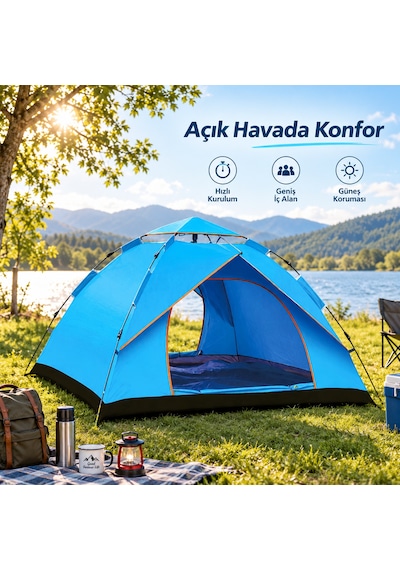 Outdoor Otomatik Kamp Çadırı Cm Su Geçirmez Güneş Korumalı Kolay Kurulum 4 Kişilik-1614 Açık Mavi
