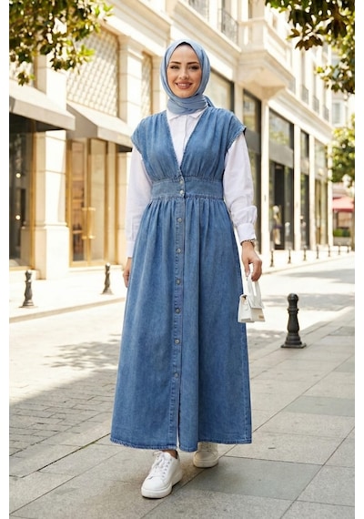 Hb Harma Time Butik Kadın V Yaka Düğmeli Açık Kot Mavi Jile Açık Mavi Açık Mavi