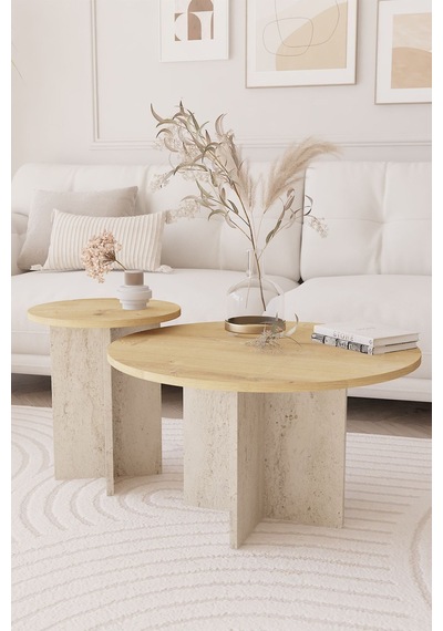 2 Li Orta Sehpa Seti, İskandinav Stil, Bohem, 72 Cm, 40 Cm - Safir Meşe & Traverten
