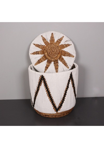 Söke Beyaz Makrome Ve Doğal Abaka - Kapaklı Sepet 46x45 Cm Beyaz