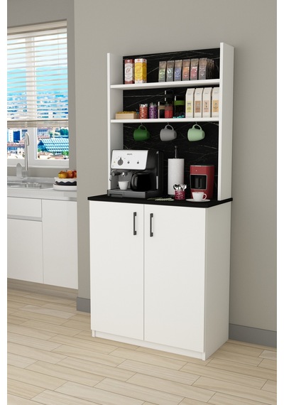 Asra Trend Kahve Köşesi KAHVE01 %100 MDF Çok Amaçlı Mutfak Dolabı Beyaz - Royal Mermer