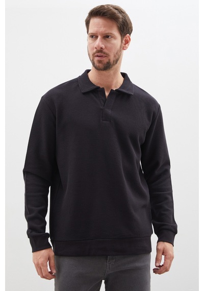 Fullamoda Petek Kumaş Apaş Yaka Regular Sweatshirt Siyah
