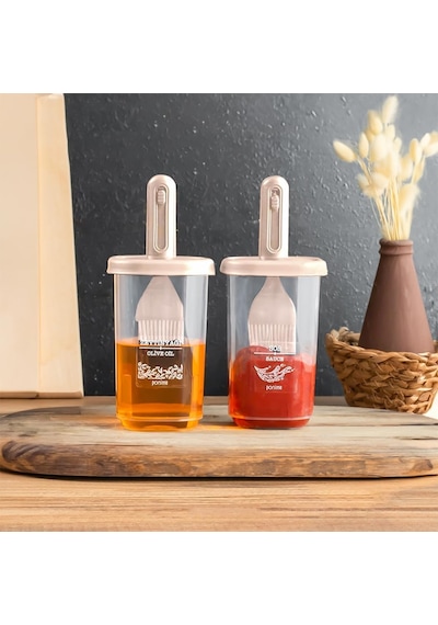 Porsima 0520 2'li Etiketli Silikon Fırçalı Yağlık - Sosluk-yağdanlık Erzak Saklama Kabı 350cc - Cappuccino Genel