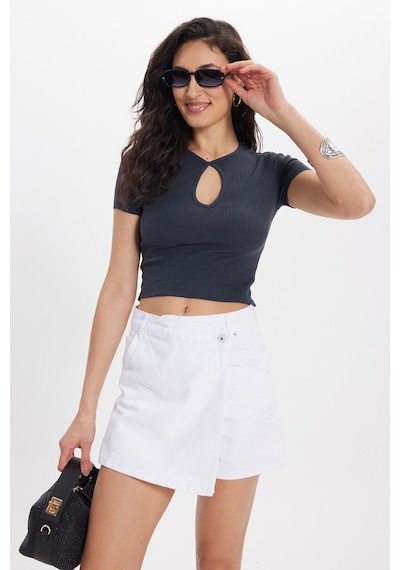 Tudors Kadın Slim Fit Dar Kesim %100 Pamuk Bisiklet Yaka Kısa Kol Antrasit Crop-50377
