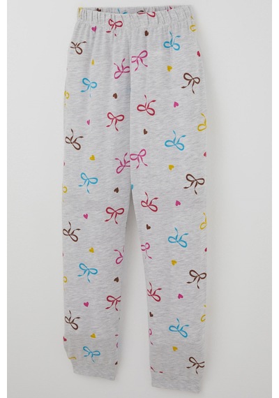 Paty Kıds Kız Çocuk Pijama Takımı Kısa Kollu Renkli Fiyonklu & Kalp Desenli 8-12 Yaş, Açık Gri Melanj