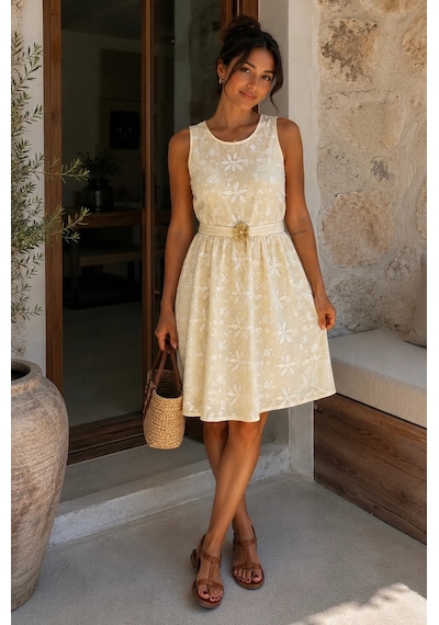 Bb Butik Basic Kadın Nakış İşlemeli Keten Elbise Bisiklet Yaka Kemer Detaylı Mini Elbise My3535 Krem Bb Butik Basic Kadın Nakış İşlemeli Keten Elbise Bisiklet Yaka Kemer Detaylı Mini Elbise My3535 Krem