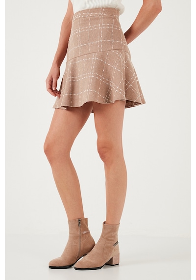 Lela Kareli Volanlı Mini Kışlık Bayan Etek 611Et00176W4 Camel