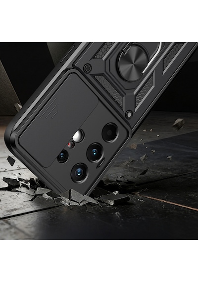 Maks Technology Tecno Camon 50 Pro Kılıf Magnetik Standlı Kamera Korumalı Mkst Sürgülü Vega Kapak - Siyah
