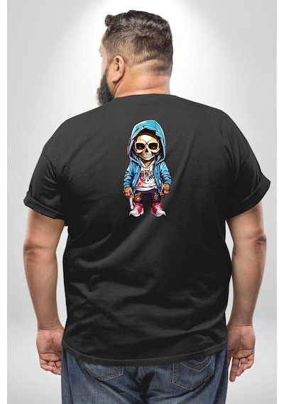Angemiel Hiphop Kurukafa Hoodie Büyük Beden Siyah Tişört Kadın Erkek Ünisex Sırt Baskılı Siyah