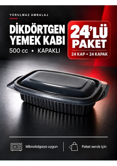 500 Cc Kapaklı Dikdörtgen Yemek Kabı 24 Lü Mikrodalgaya Uygun Siyah Paket Servis Kabı