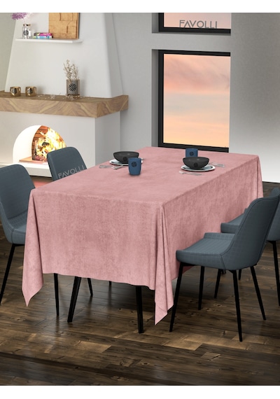 Kadife Dokulu Açık Pembe Renk Masa Örtüsü Açık Pembe