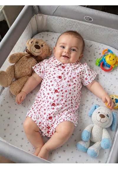 Babyhola Erkek Bebek Çıtçıtlı Gömlek Badi Poplin Kumaş Kısa Kollu Şık Tulum Çapa Detaylı 3503 Kırmızı