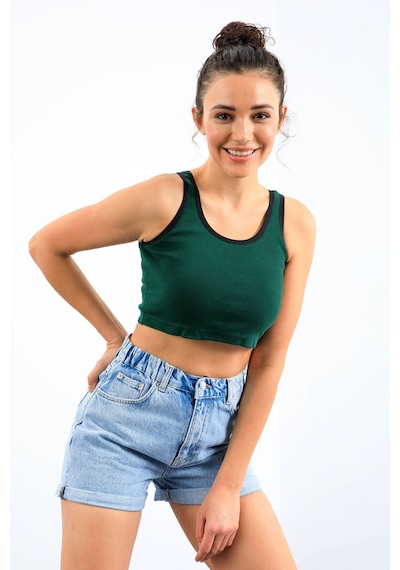 Tommy Life Yeşil Basic Sıfır Kol Dar Kalıp U Yaka Kadın Crop Top Atlet - 97162 Yeşil