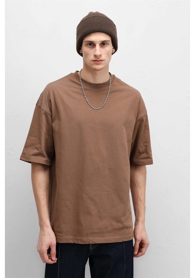 Vamos Basic Oversize Bisiklet Yaka Tişört Kahve