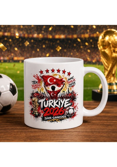 Bk Gift Türkiye Taraftar Temalı Dünya Futbol Kupası Tasarımlı Beyaz Kupa Bardak-4 Tek Yürek Milli Takım Ruhu