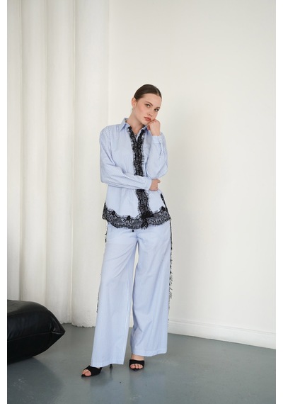 Verymoda Dantel Detaylı Çizgili Pantolon F2083 Mavi