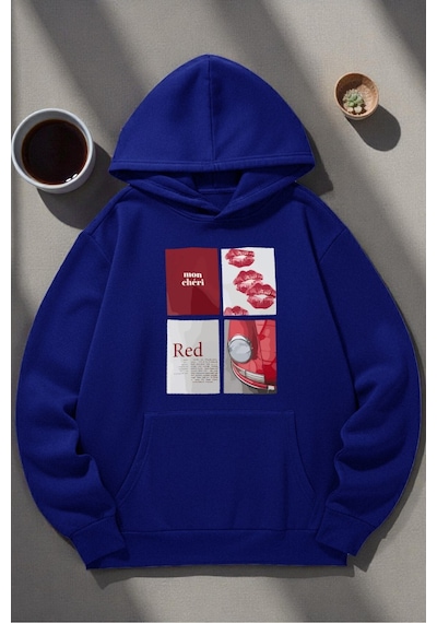 Uyguntarz Unisex Red Mon Cheri Baskılı Kapüşonlu Sweatshirt Saks Mavi