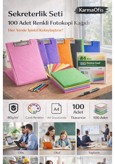 Yeşil Sekreterlik Seti + 100 Adet Renkli A4 Fotokopi Kağıdı Dayanıklı Kapak, Çok Amaçlı Kullanım