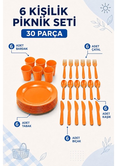 32 Parça Piknik Seti Tabak Bardak Çatal Kaşık Bıçak Kamp Mutfak Seti Turuncu