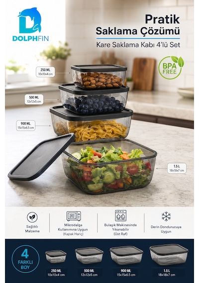 4 Lü Kare Saklama Kabı Seti Kapaklı 250 Ml 500 Ml 900 Ml 1,5 L Bpa İçermez Siyah