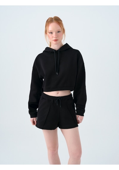 Loose Crop Kadın Sweatshirt Siyah
