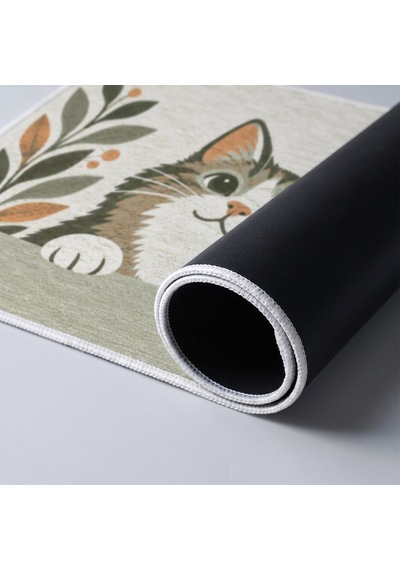 Kartela Halı Merhaba Güle Güle Kedili Kapı Paspası Adaçayı Yeşili Kaymaz Kauçuk Taban 50x75 Cm