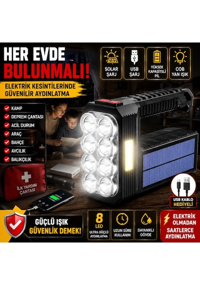 Güneş Enerjili Kamp Lambası 8'li Ultra Güçlü Led Yan Işık Usb Solar Kamp Balıkçılık Acil Durum Fener Siyah