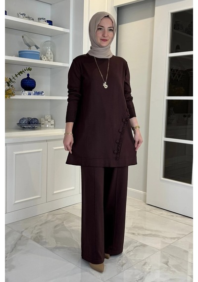 Rabia Şamlı Feryal Pantolonlu Triko Takım Acı Kahve Normal