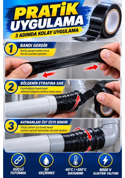 Kendinden Kaynayan Silikon Tamir Bandı Siyah 25 Mm 1,5 M 3 Kat Esnek, 8000 V Yalıtım