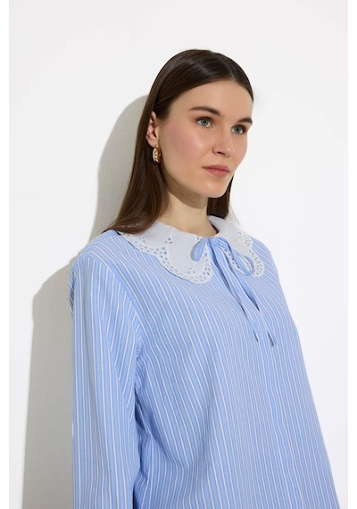 DeFacto Regular Fit Geniş Yakalı Çizgili Poplin Uzun Kollu Gömlek Tunik E4354AX25SPBE40 Mavi