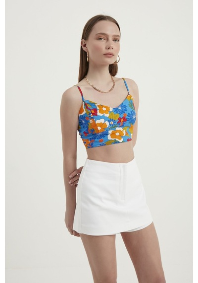 Hiccup Çiçek Desenli Sweetheart Yaka Kolsuz Crop Top Mavi